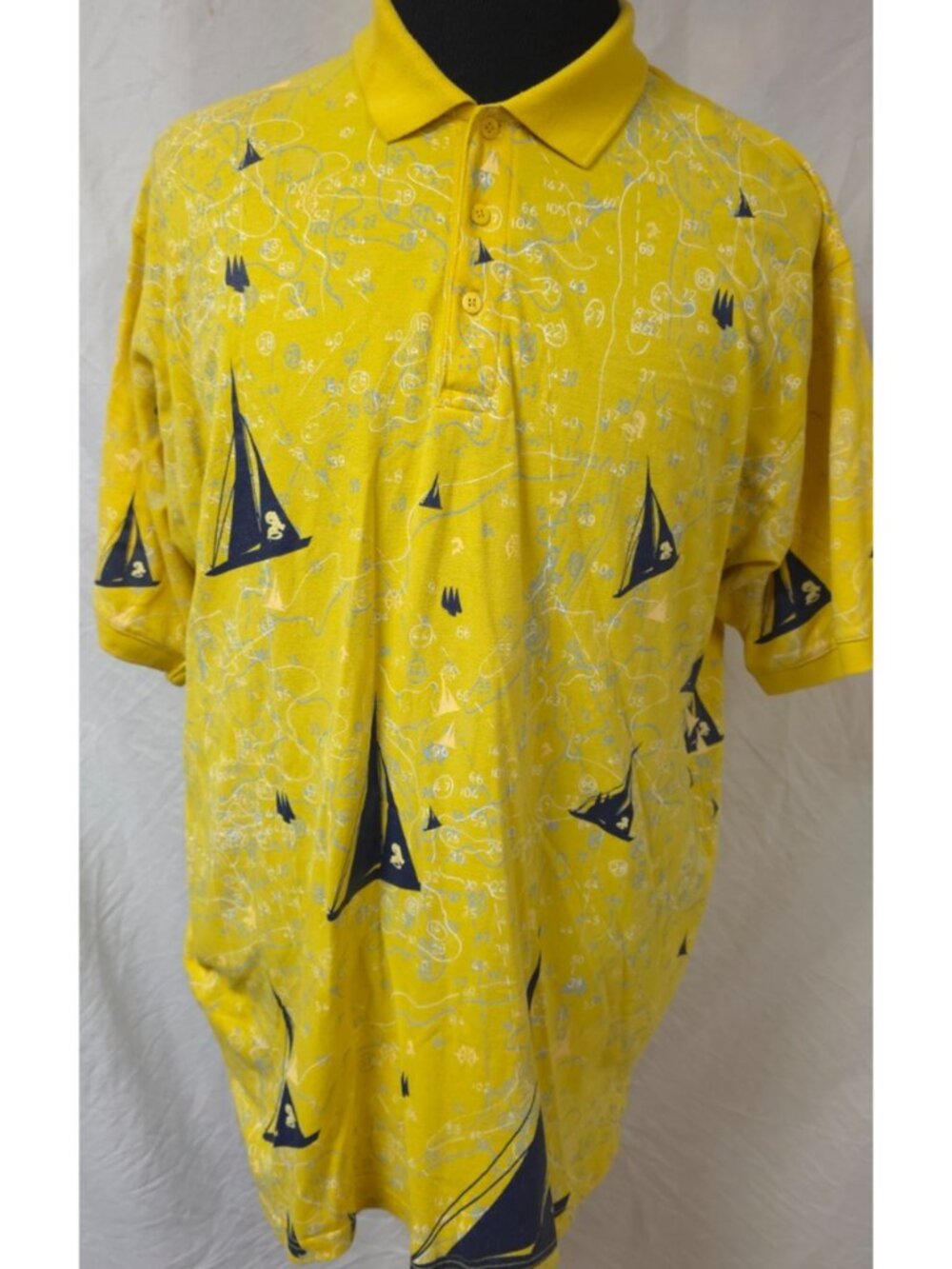 Ackers Mens XL Yellow Nautical Map Topographical Print Sailboat Golf Polo Shirt